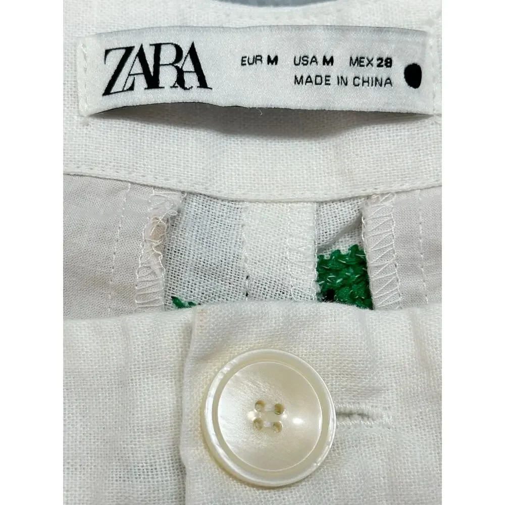 Zara Embroidered Linen Blend Geometric Pants White Green Black M